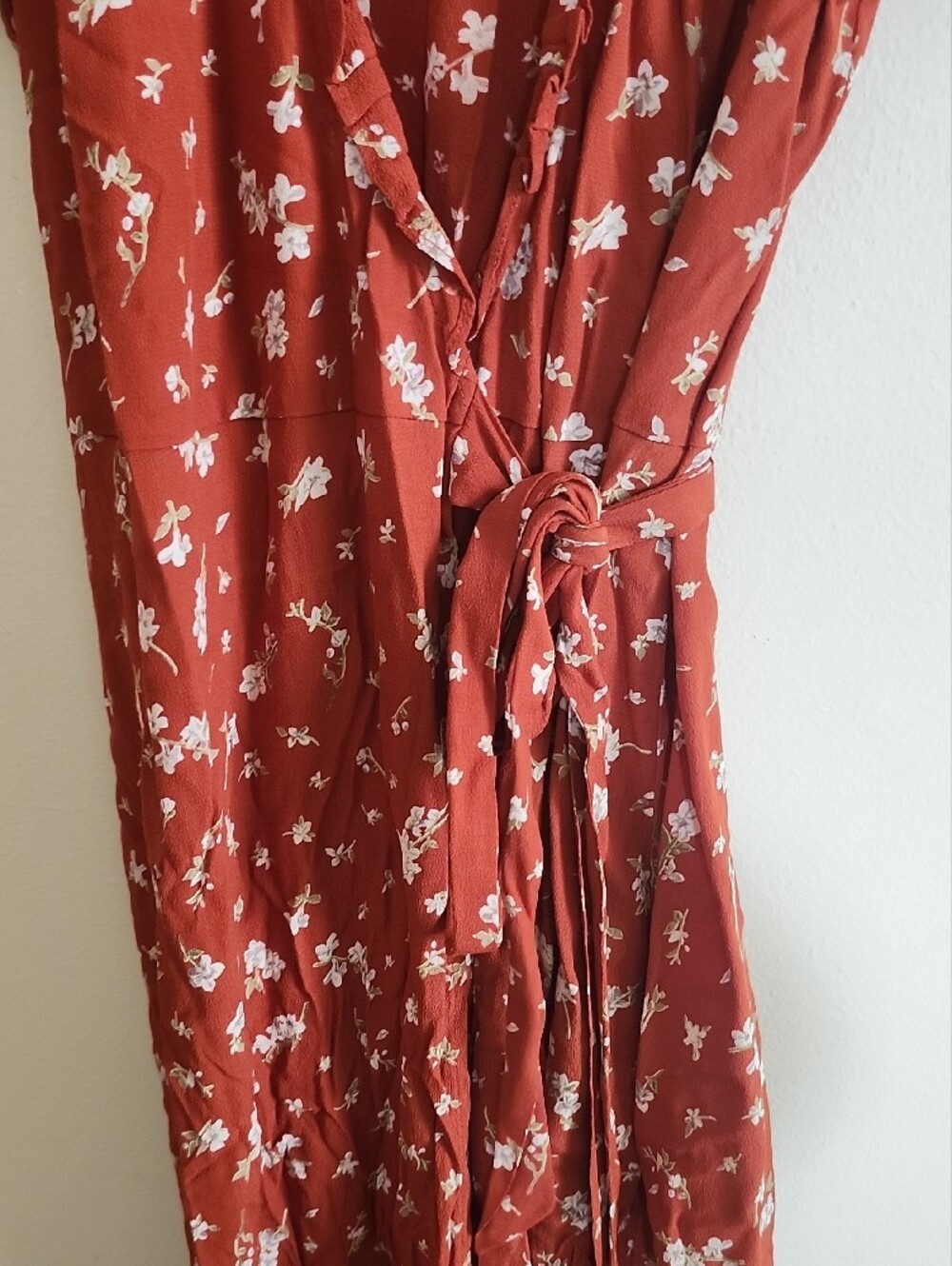 Madewell Rust Color Floral True Wrap Midi Dress with Tie Waist Ruffles - Picture 7 of 7